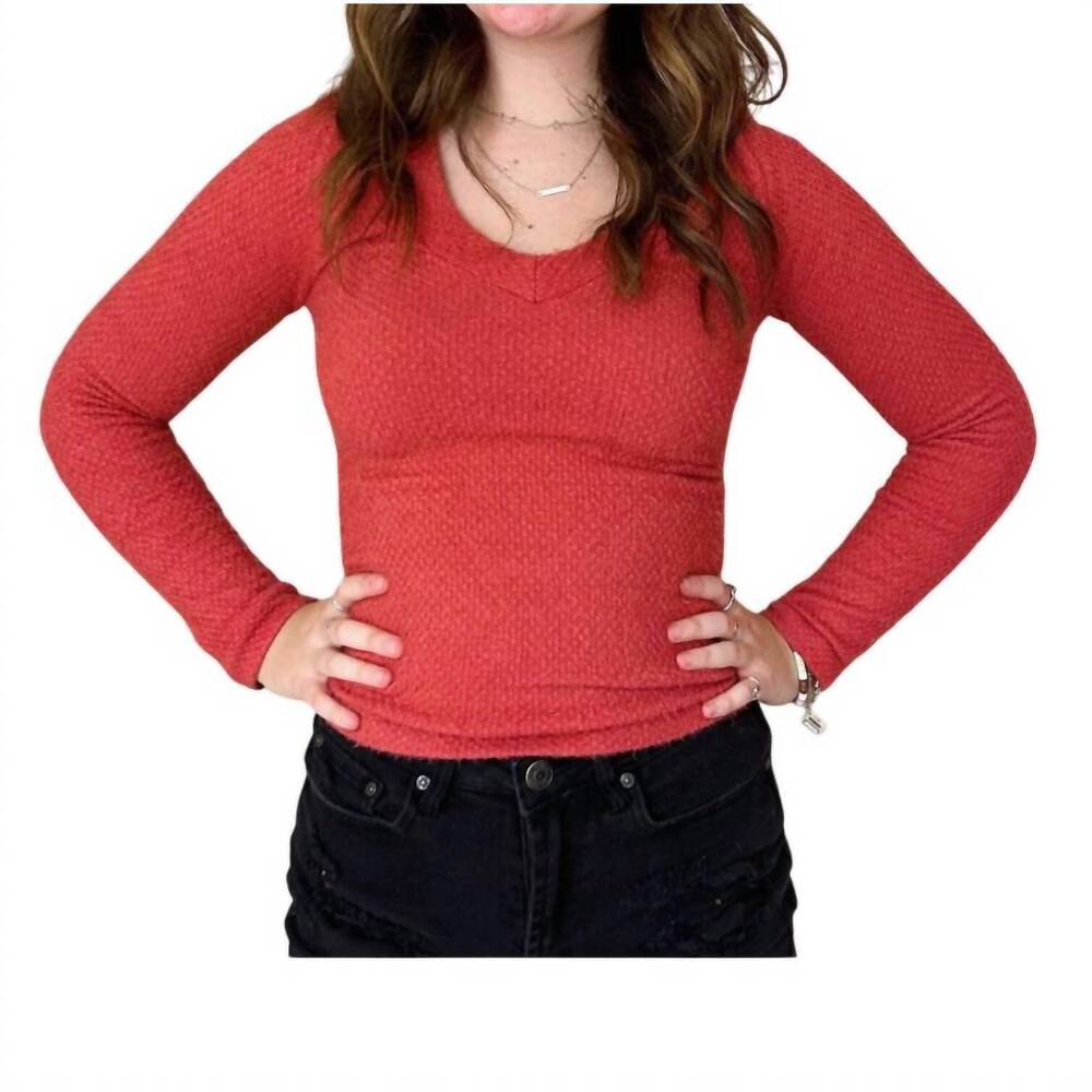 NEW SCALA long sleeve furry v neck sweater in atacama rust
